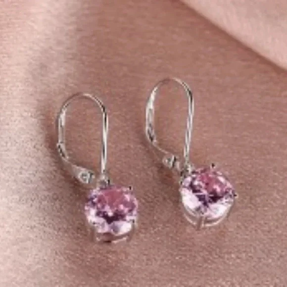 Sterling 925 Silver Plated, Pink Zircon Round Dangle Earrings - Hypoallergenic - Picture 2 of 4